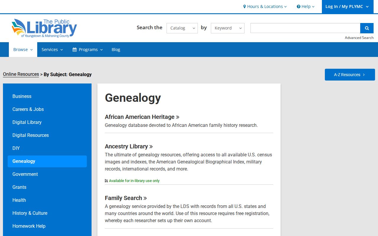 Austintown Township residents directory PLYMC genealogy resources