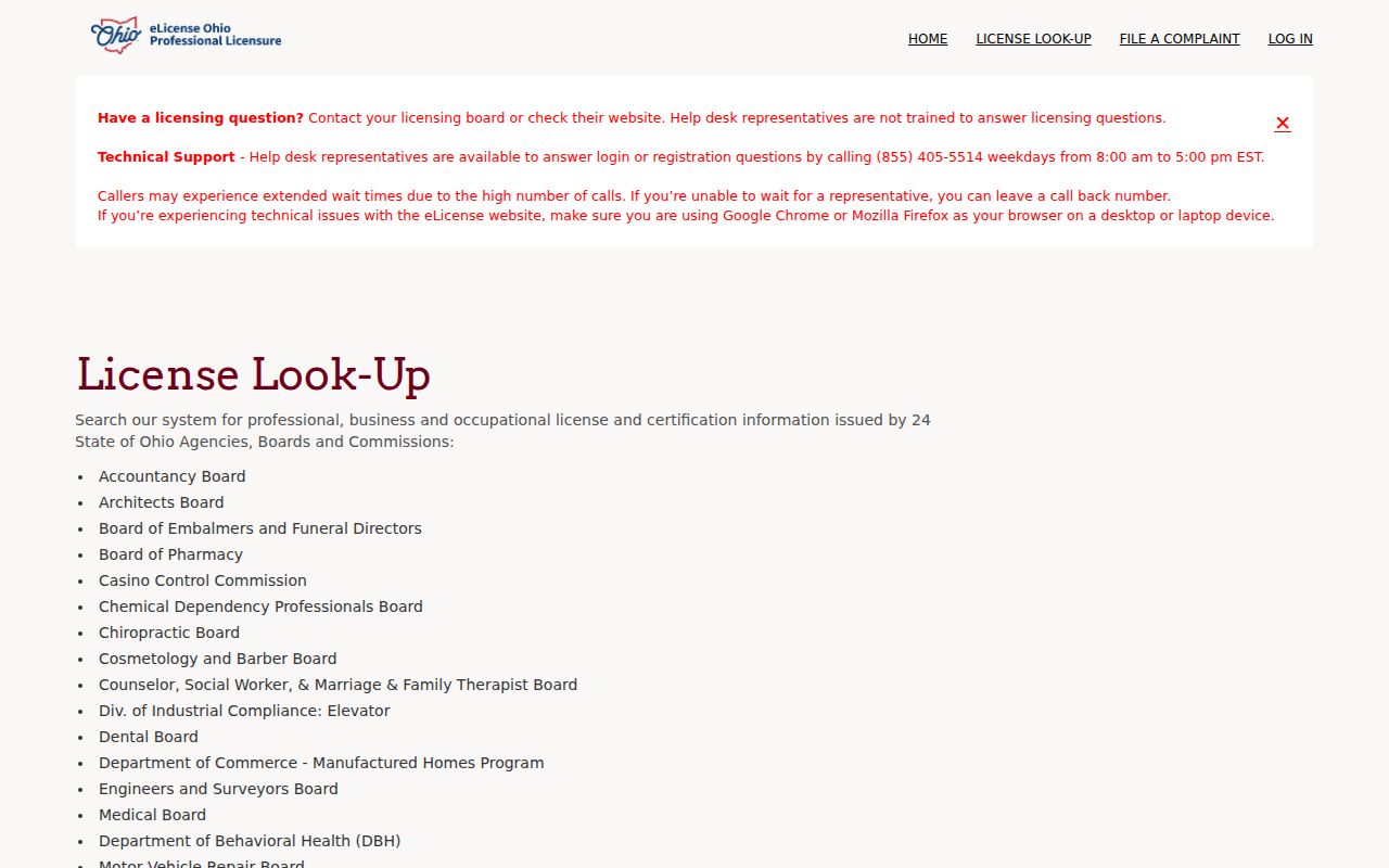 Austintown Township resident lookup screen for the Ohio eLicense credential search