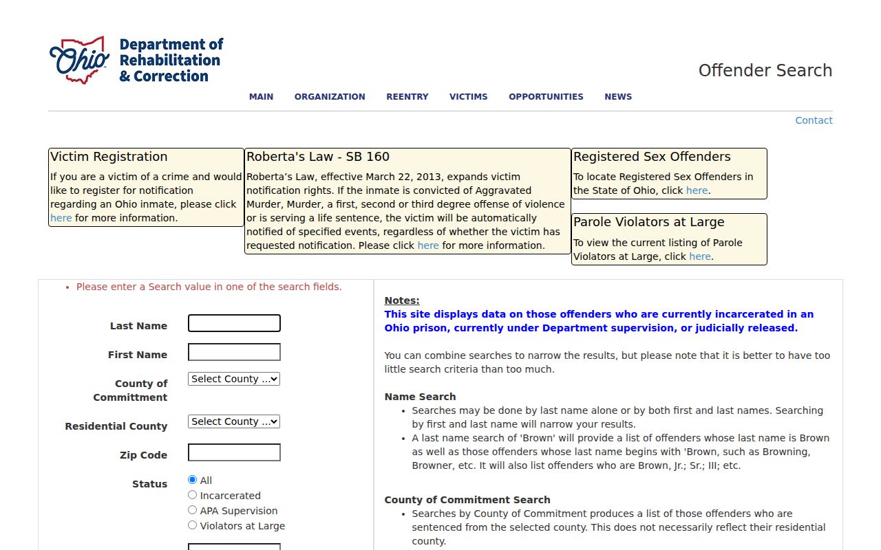 Austintown Township resident lookup view of the Ohio DRC offender search