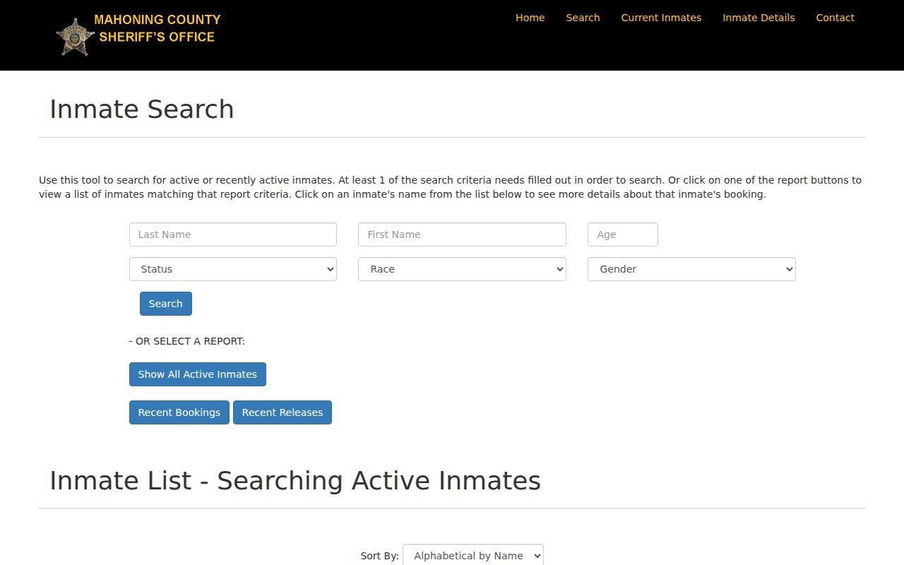 Austintown Township resident lookup view of Mahoning County active inmate information