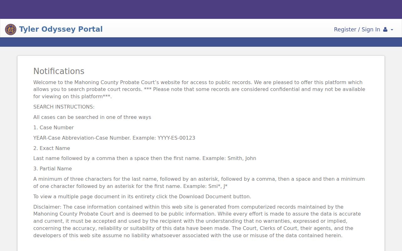 Austintown Township resident lookup view of the Mahoning Probate Case Search portal
